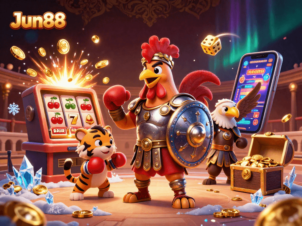 Experience thrilling wins at Jun88 with an action-packed casino game scene bursting with excitement and color.