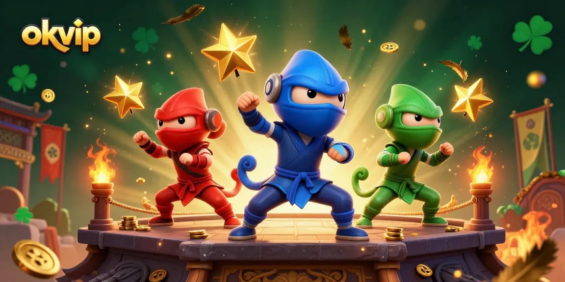 Engage with okvip's dynamic gaming experience featuring ninja chameleons amidst a thrilling casino backdrop.