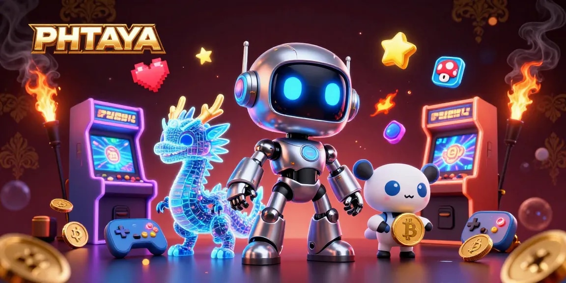 PHTAYA's vivid 3D illustration showcases a cyberpunk robot, a digital dragon, and a bitcoin drone amidst colorful casino elements.
