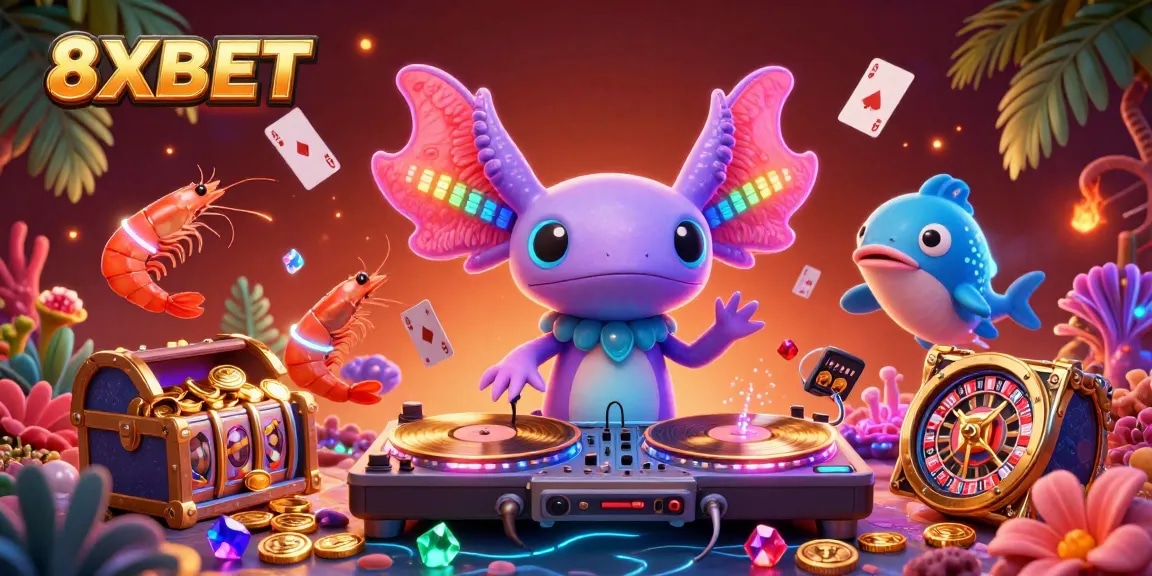 Join the fun with 8XBET's vibrant 3D casino scene featuring an axolotl DJ and exciting games.