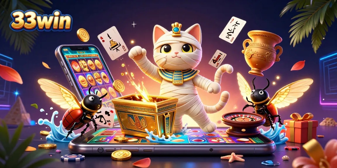 Experience 33win thrills with an Egyptian mummy cat and scarab beetle in a vibrant casino.