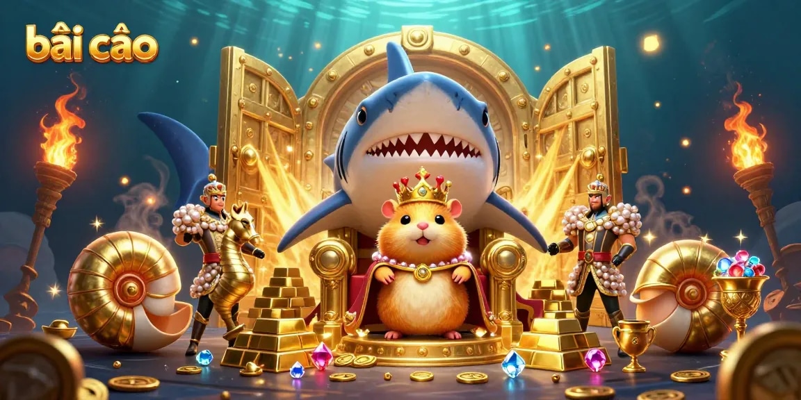 Bài cào gameplay featuring a golden hamster king enthroned, triumphant amidst treasure, showcasing a lively casino scene.