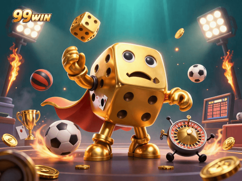 Win big with 99WIN as golden dice and sports elements create a gaming spectacle.
