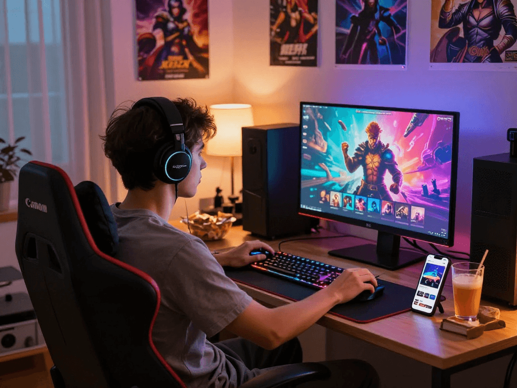 Player enjoying immersive porn games in a vibrant gaming setup with colorful graphics.