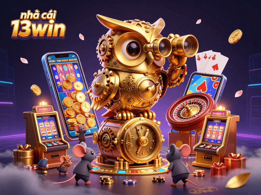 The 3D cartoon scene showcases the nhà cái 13win brand, featuring a golden owl and lively casino elements.