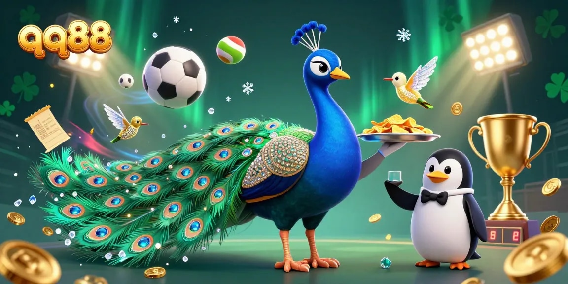 Experience the excitement of qq88 with a vibrant, 3D illustration showcasing a peacock, penguin, and hummingbird in a lively casino scene.