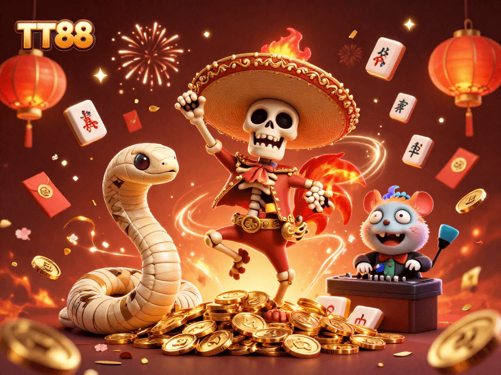Experience thrilling gaming at TT88 with vibrant characters dancing on golden coins.