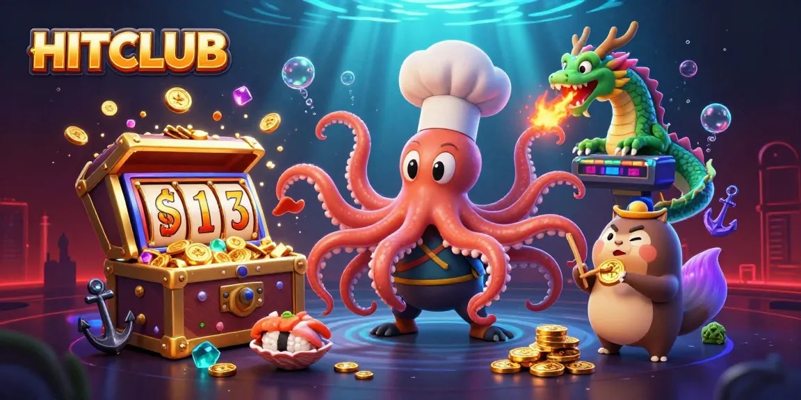 Spin the HITCLUB slots with a cartoon octopus and dragon in an action-packed casino scene.