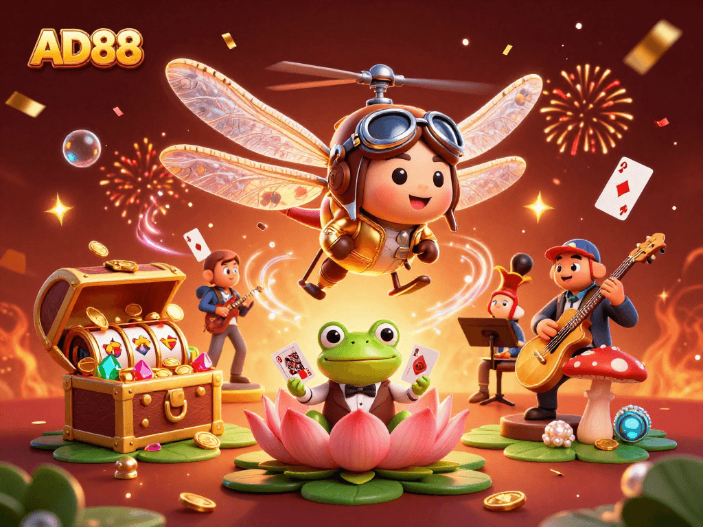 Experience the excitement of AD88 with a vibrant scene featuring a dragonfly pilot and frog croupier
