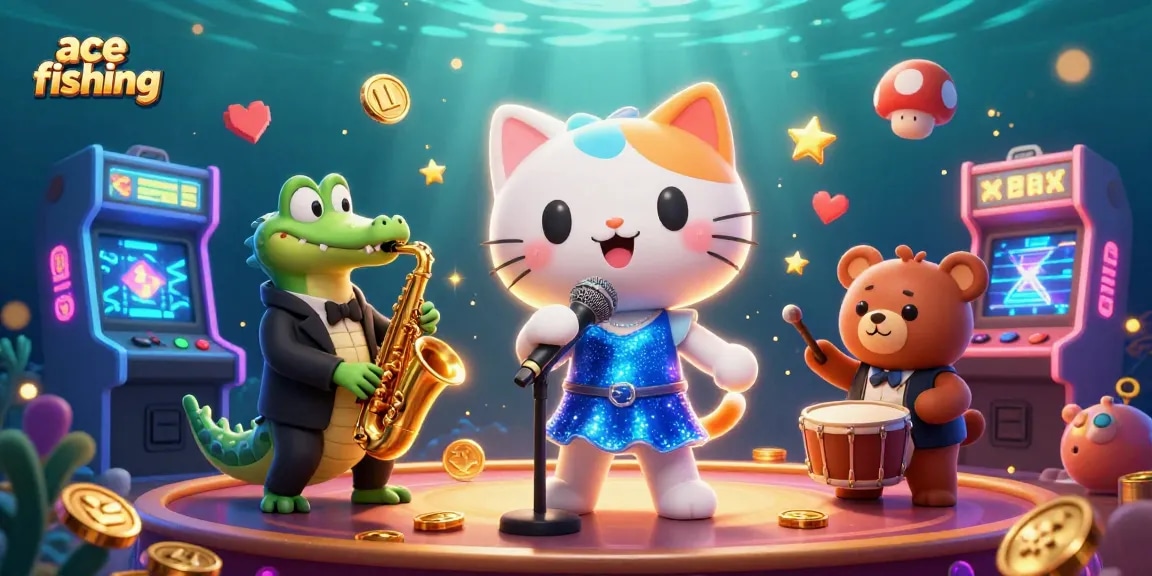 Engage in ace fishing with vibrant underwater adventures and charismatic characters in a lively casino scene.