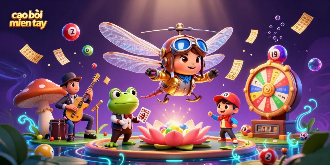 Cao bồi miền tây showcases a vibrant casino scene with a dragonfly pilot and frog croupier in action.