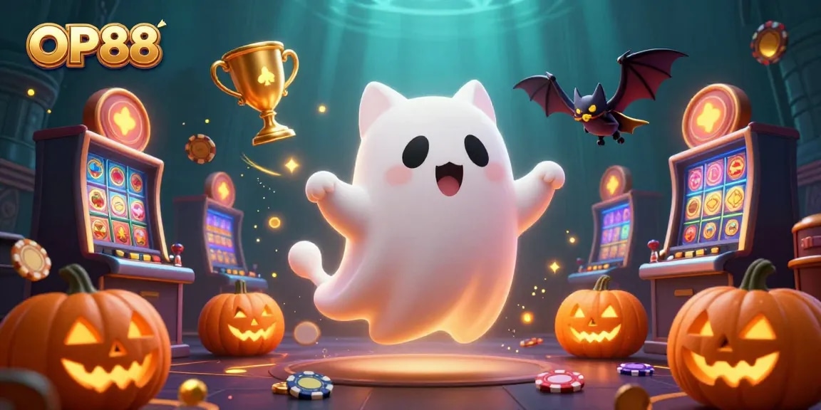 OP88 showcases a friendly ghost cat in a haunted casino, engaging in thrilling slot action.