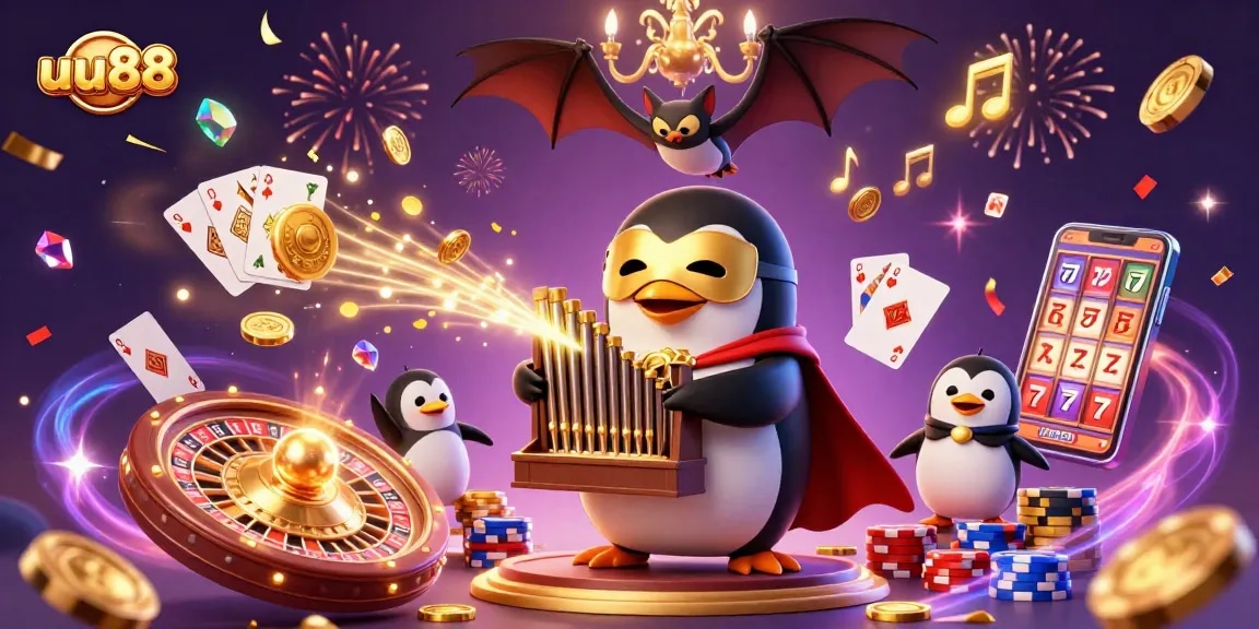 uu88 penguin plays organ with gold coins flying across a vibrant casino scene.