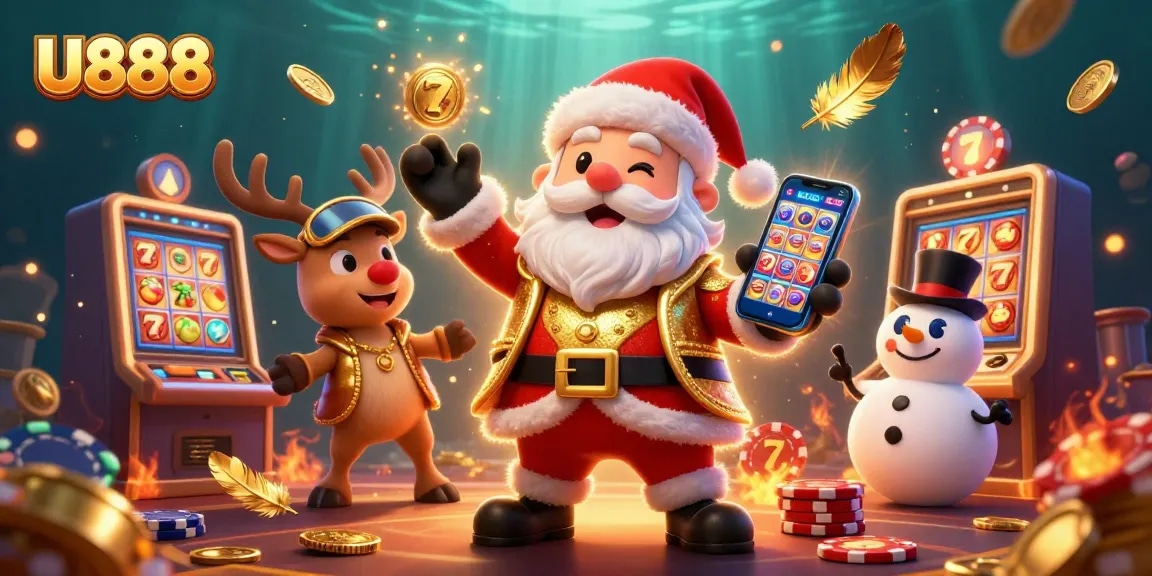 Experience thrilling jackpots at U888 with Santa Claus and festive characters in a vibrant casino setting.
