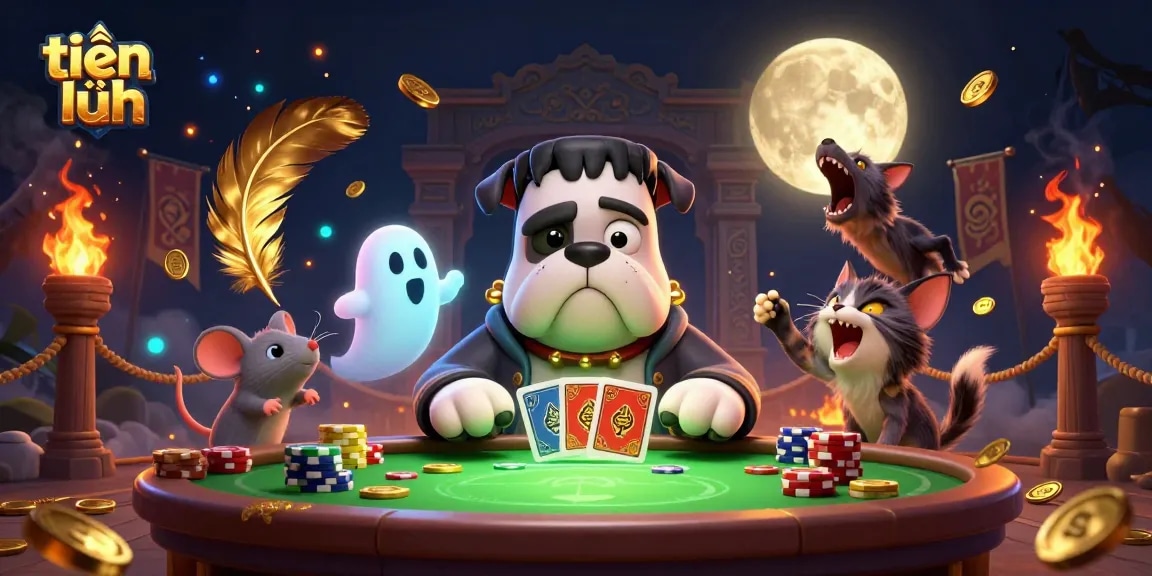 Play exciting tiến lên at a spooky casino table with colorful characters and atmospheric effects.