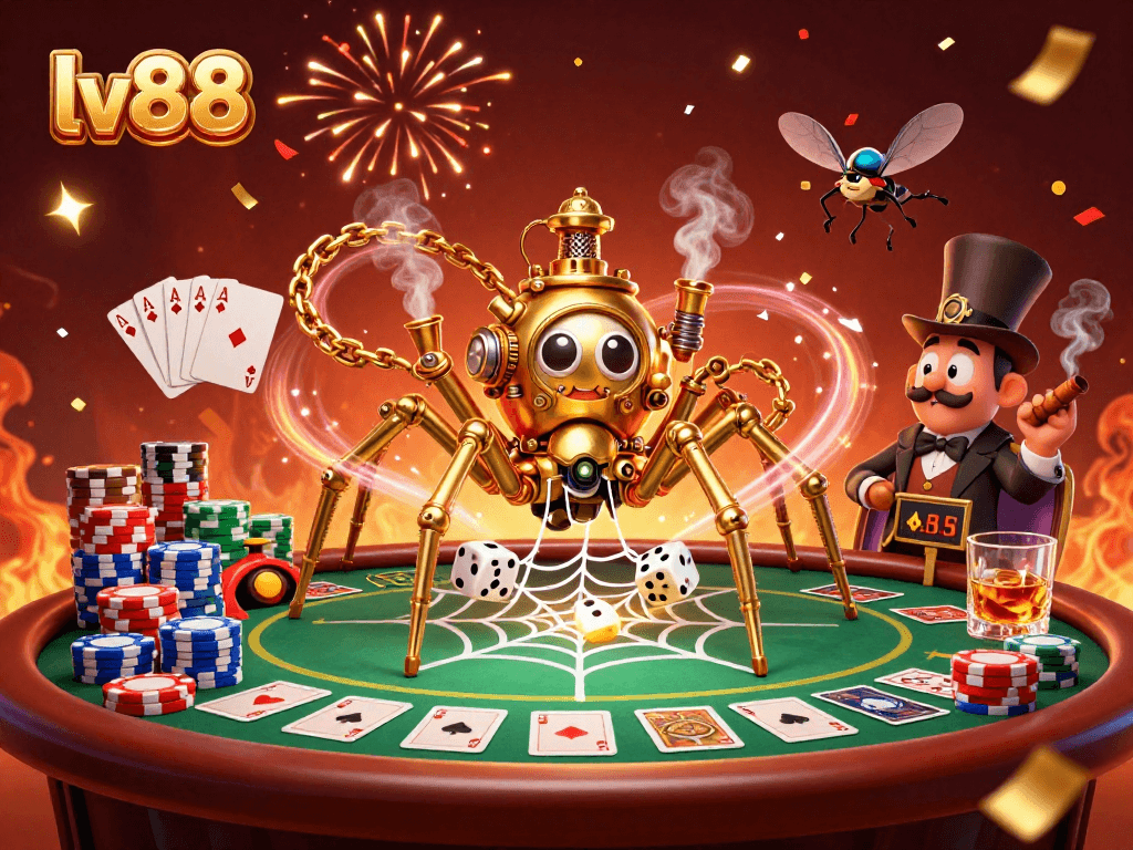 Catch the action at lv88 with a steampunk spider and cards in a festive 3D casino scene.