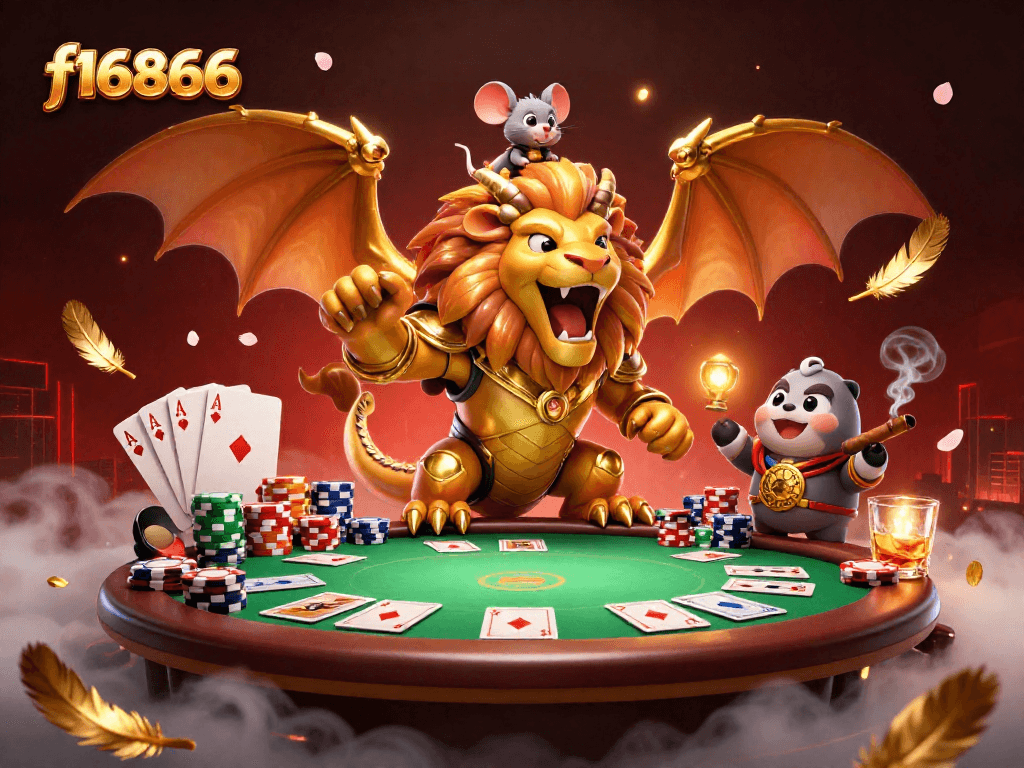 Engage with f16866 in an ultra-detailed 3D casino scene featuring a chimera roaring on poker action.