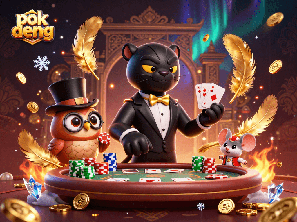 Experience the excitement of pok deng as a black panther elegantly deals cards at a vibrant casino scene.