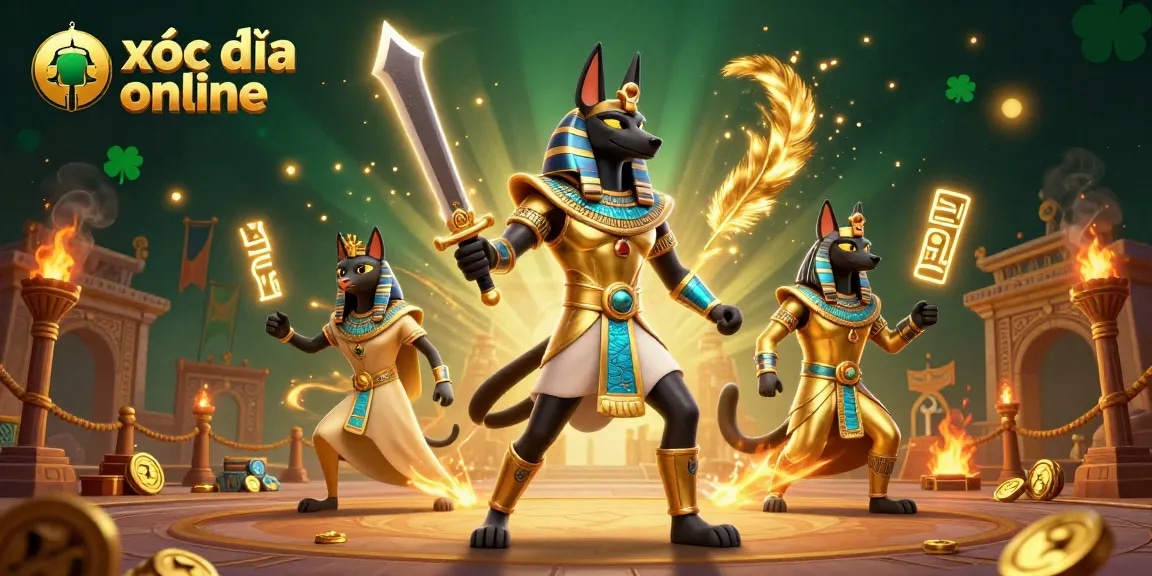 Engage in the thrilling xóc đĩa online with dynamic illustrations of ancient characters and casino elements.