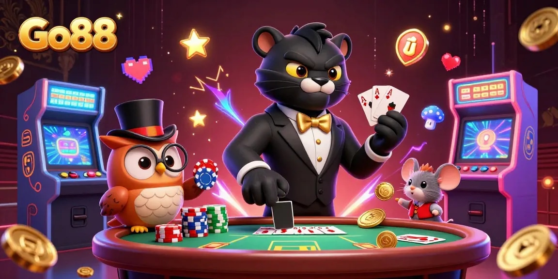 Experience the lively world of Go88 as a stylish panther, owl, and mouse engage in a vibrant casino scene.