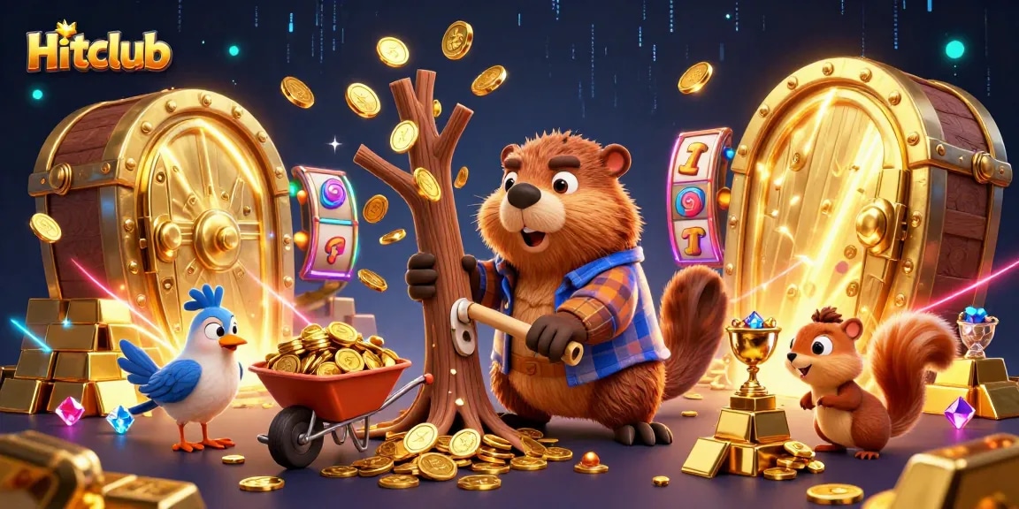 Experience big wins with Hitclub in this vibrant casino-themed illustration featuring fun characters.