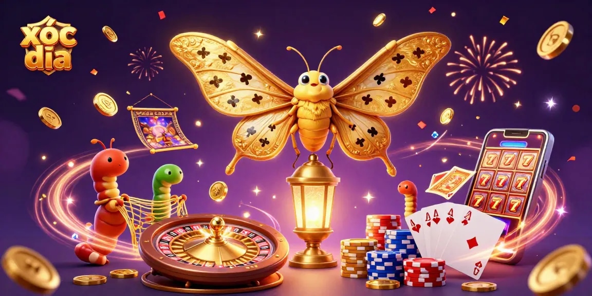 Xóc đĩa shows vibrant casino elements with golden coins, cards, and a 3D moth to engage players.