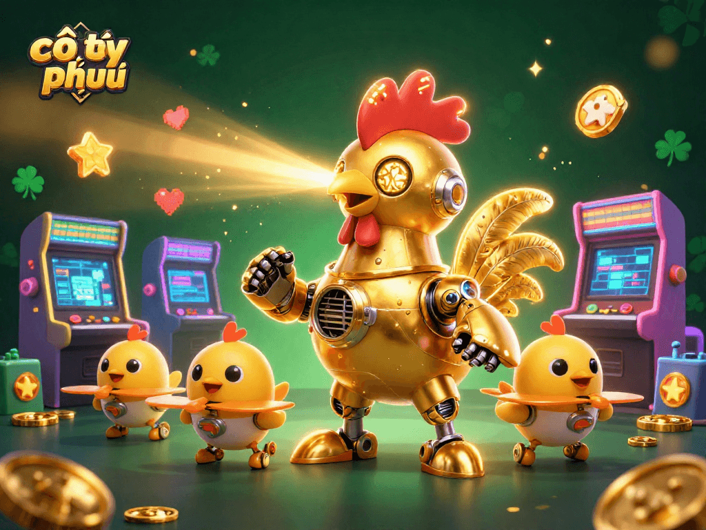 Experience excitement with cờ tỷ phú featuring a golden robot and arcade games in dynamic scene.