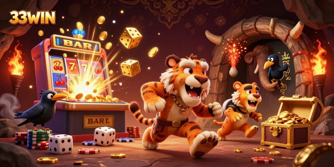 Engage in thrilling thrills at 33WIN with vibrant casino elements and captivating characters.
