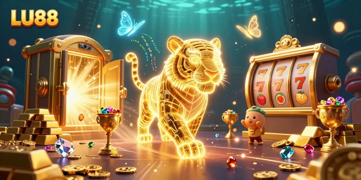 LU88 enhances excitement with a golden tiger prowling a dynamic digital casino scene.