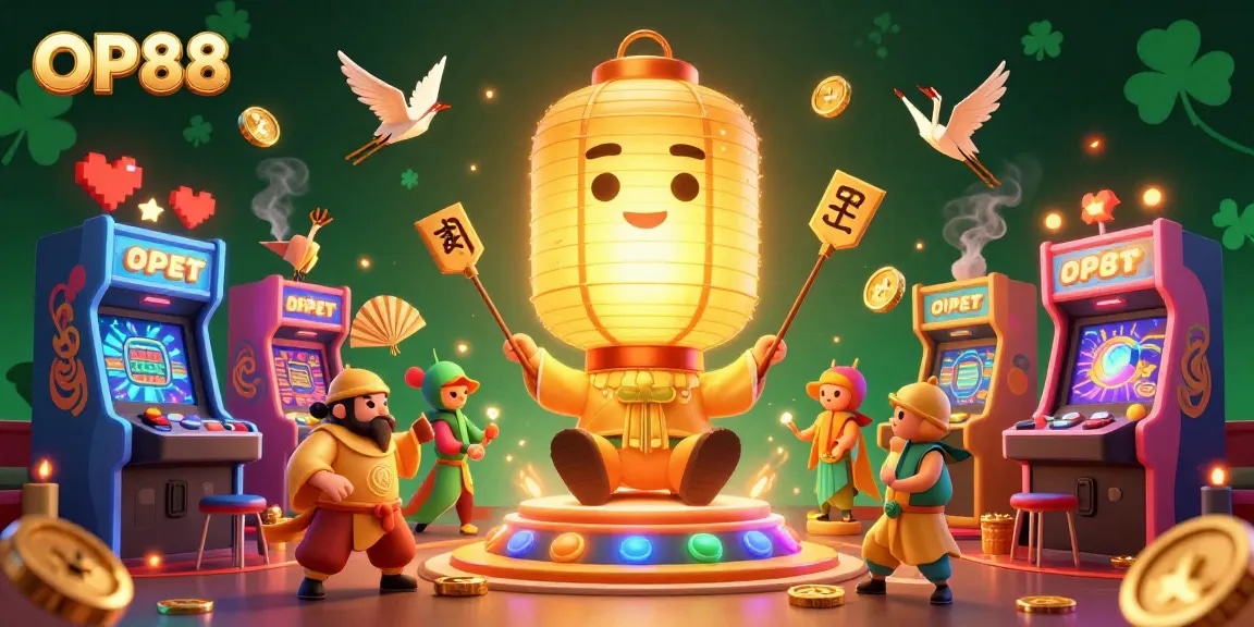 Experience OP88's vibrant casino world with glowing lanterns, game machines, and dynamic characters.