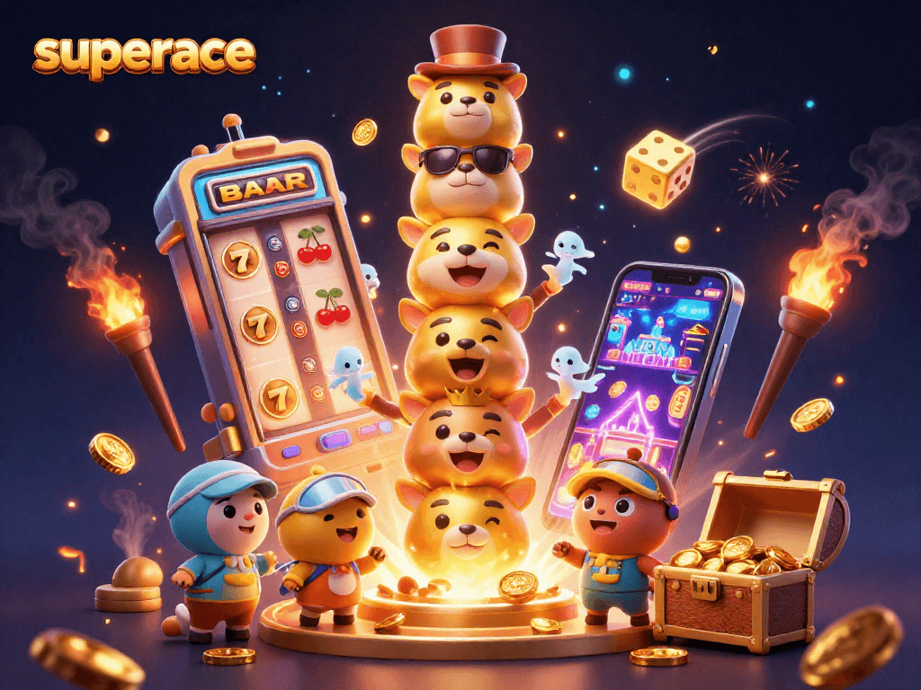 Engage in superace gameplay with a dynamic 3D casino scene showcasing exciting slot machines and gold treasures.
