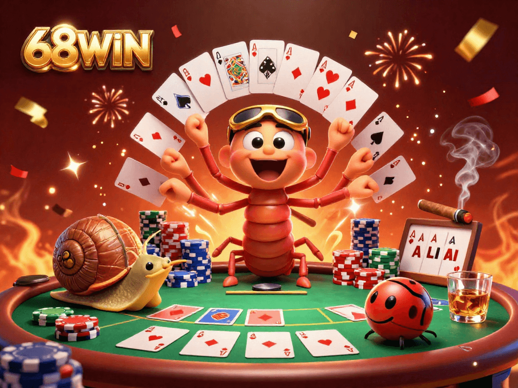 Join the excitement at 68WIN, where the dealer showcases incredible cards surrounded by a lively scene of poker action.