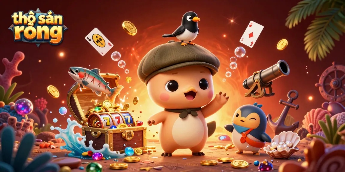 The vibrant thợ săn rồng illustration depicts a 3D cartoon baby Nessie surrounded by playful slot elements, creating a dynamic casino vibe.