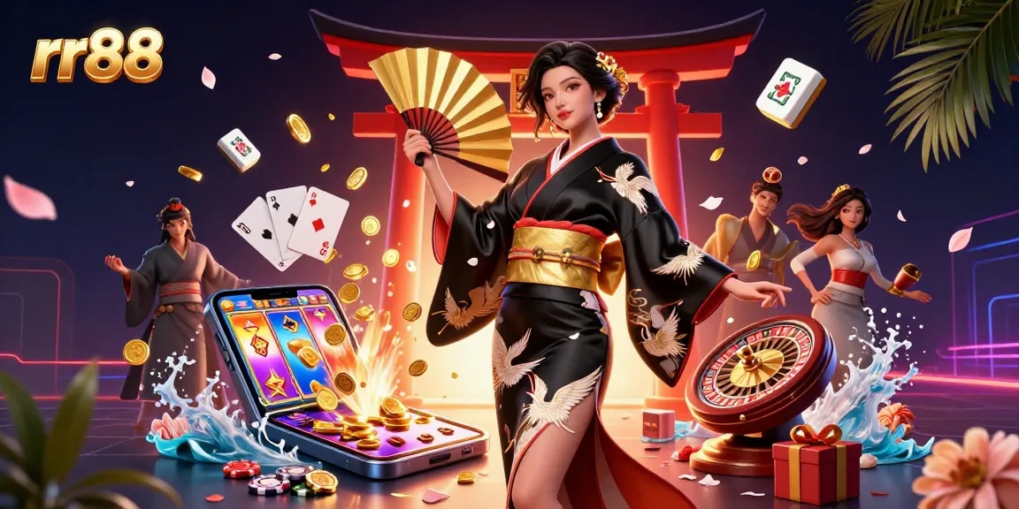 Experience excitement with rr88's vibrant casino gaming scene, featuring elegant characters and dynamic elements.