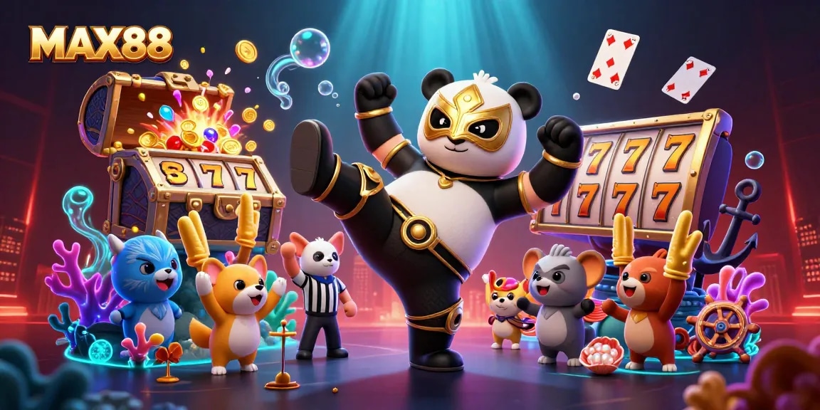 MAX88 spins to victory with a panda wrestler flying through colorful gems and slot reels.