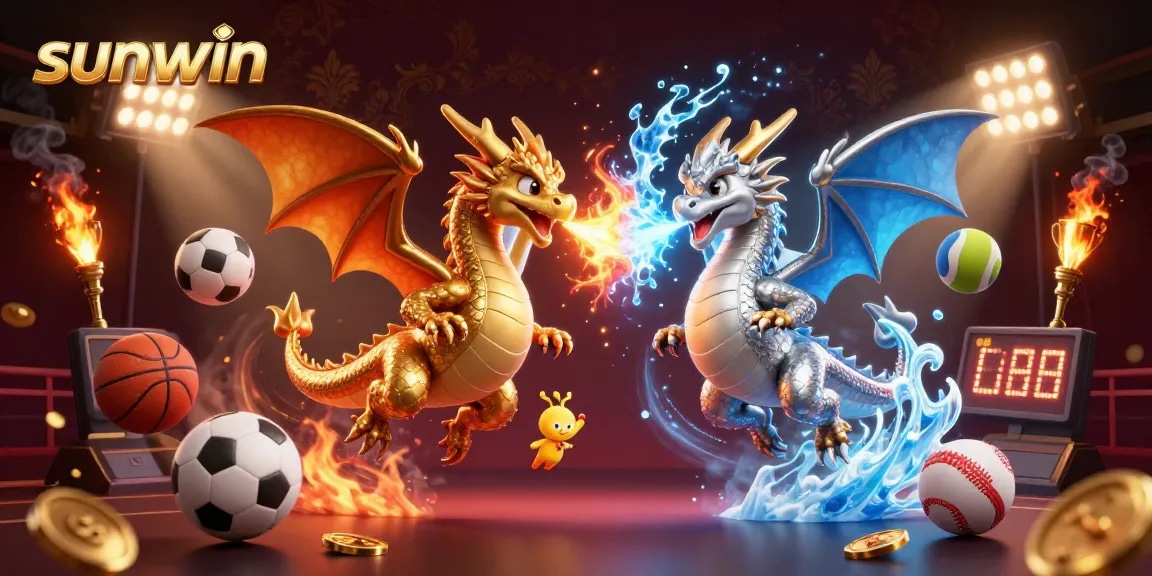 Engage in thrilling sports bets with sunwin's dynamic casino illustration featuring fiery dragons.