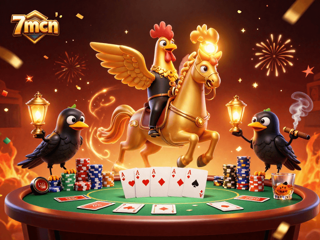 Keno players enjoy fast-paced gaming at 7mcn, as golden rooster and crow companions embody excitement.