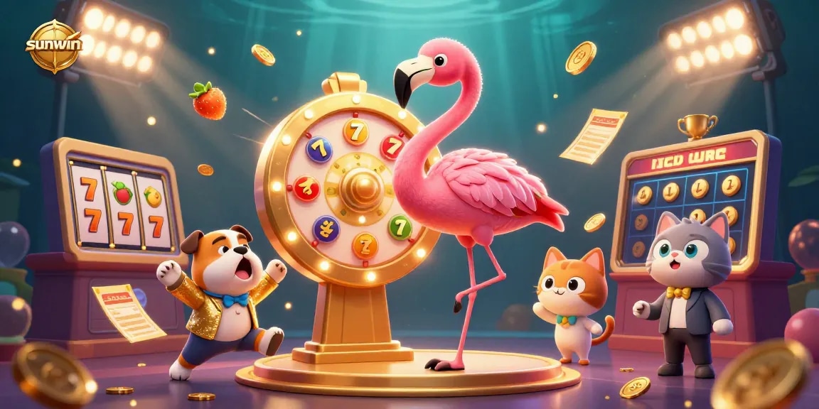Experience thrilling gameplay with sunwin's vibrant casino illustration featuring characters and gaming elements.