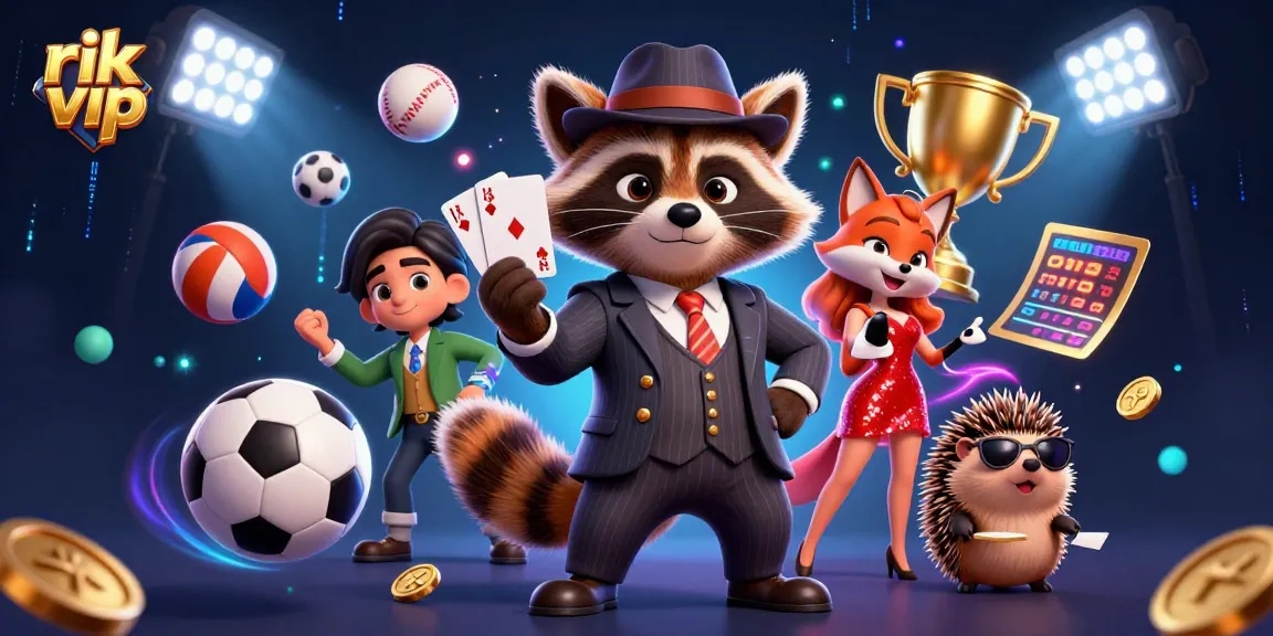 Experience thrilling moments at rik vip, featuring a raccoon holding a royal flush surrounded by dynamic sports elements.