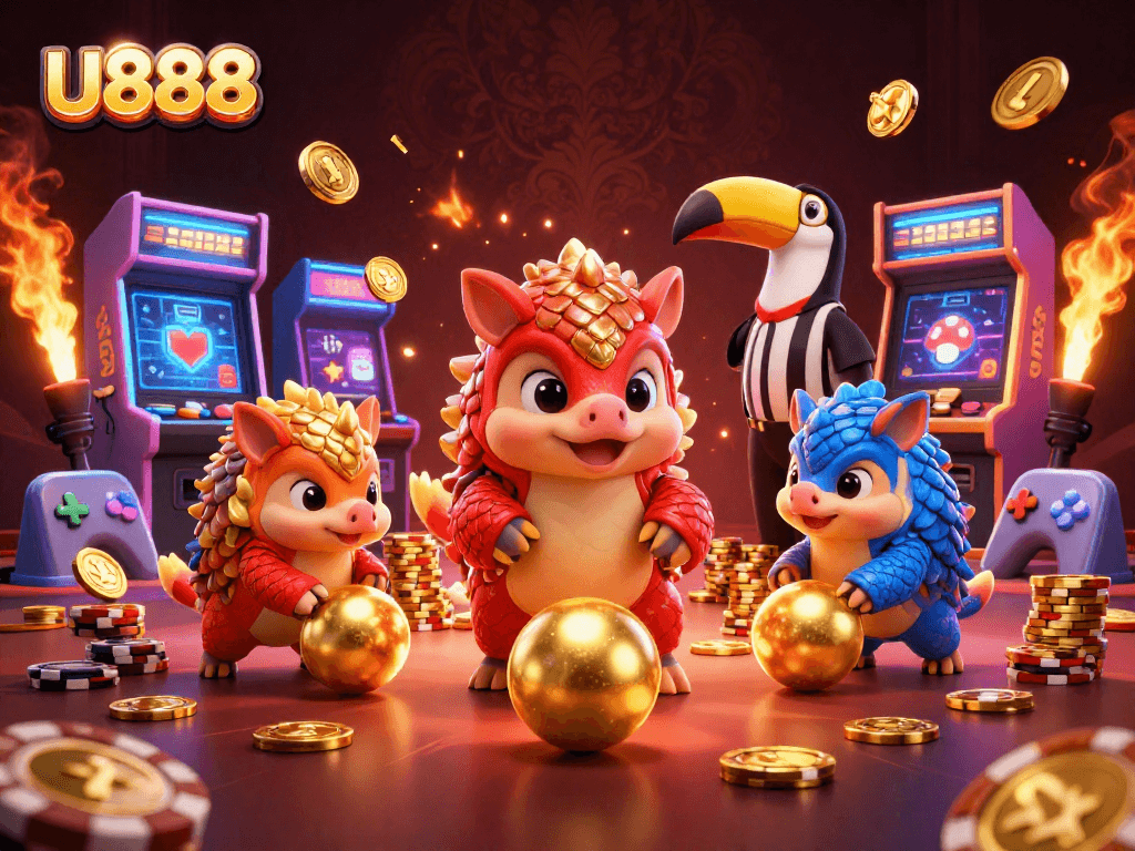 Experience thrilling gameplay with U888 as rival pangolins roll through poker chips and arcade games.