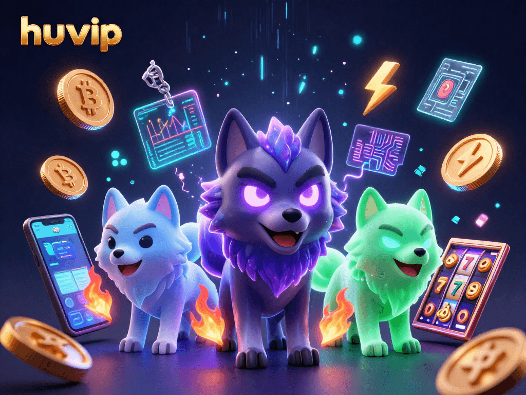 Engage with huvip's captivating slot games featuring spectral wolves and cryptocurrency elements in a vibrant casino scene.