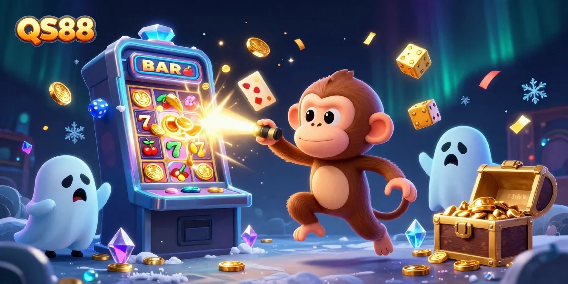 Experience thrilling gameplay with QS88 in this dynamic casino illustration featuring lively characters and games.