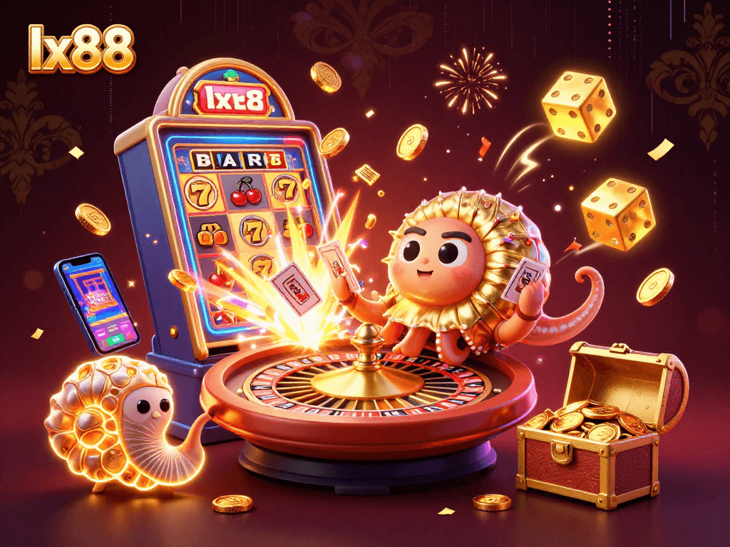 Experience the excitement of lx88 with a vibrant, 3D casino illustration showcasing epic jackpot moments.