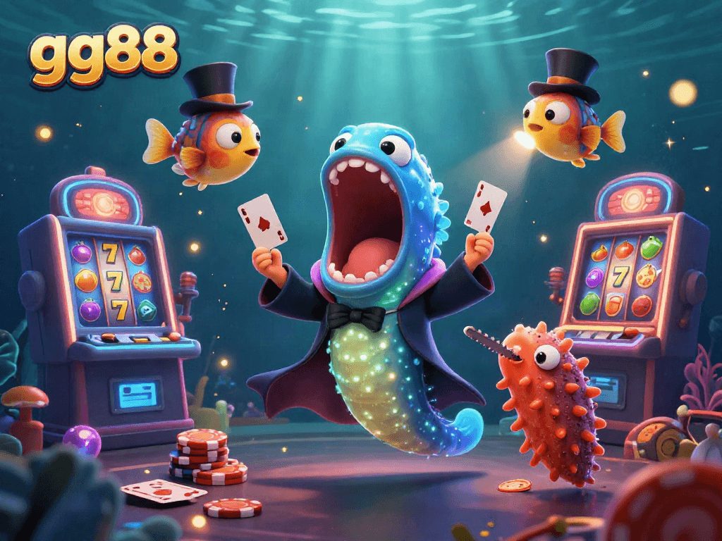 Showcase fun and vibrant gg88 casino scene featuring underwater characters engaging in gambling magic.