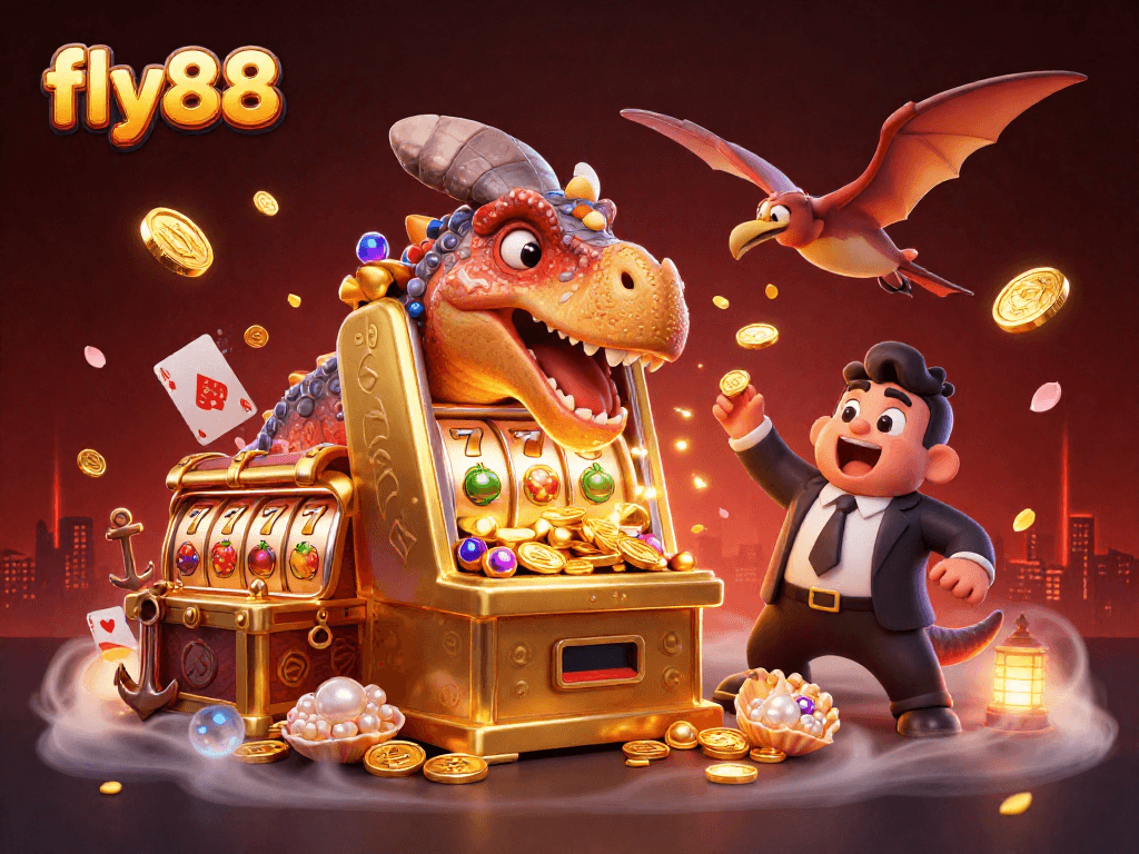 Catch the thrill at fly88 as a dinosaur celebrates a jackpot win at the casino!