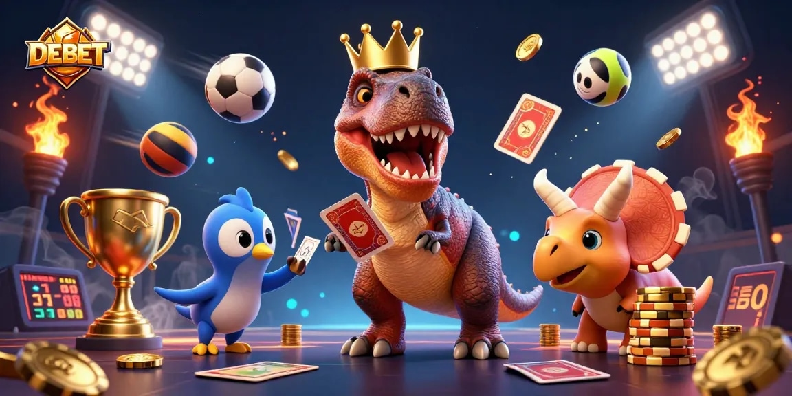 Engage in thrilling gameplay at DEBET as a T-Rex shuffles cards with fun characters in a vibrant casino.