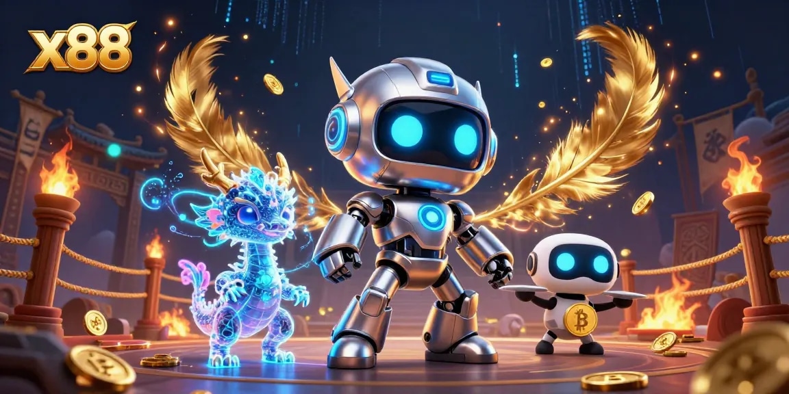 Engage in thrilling bets with x88, featuring a cyberpunk robot and holographic elements in a dynamic casino scene.