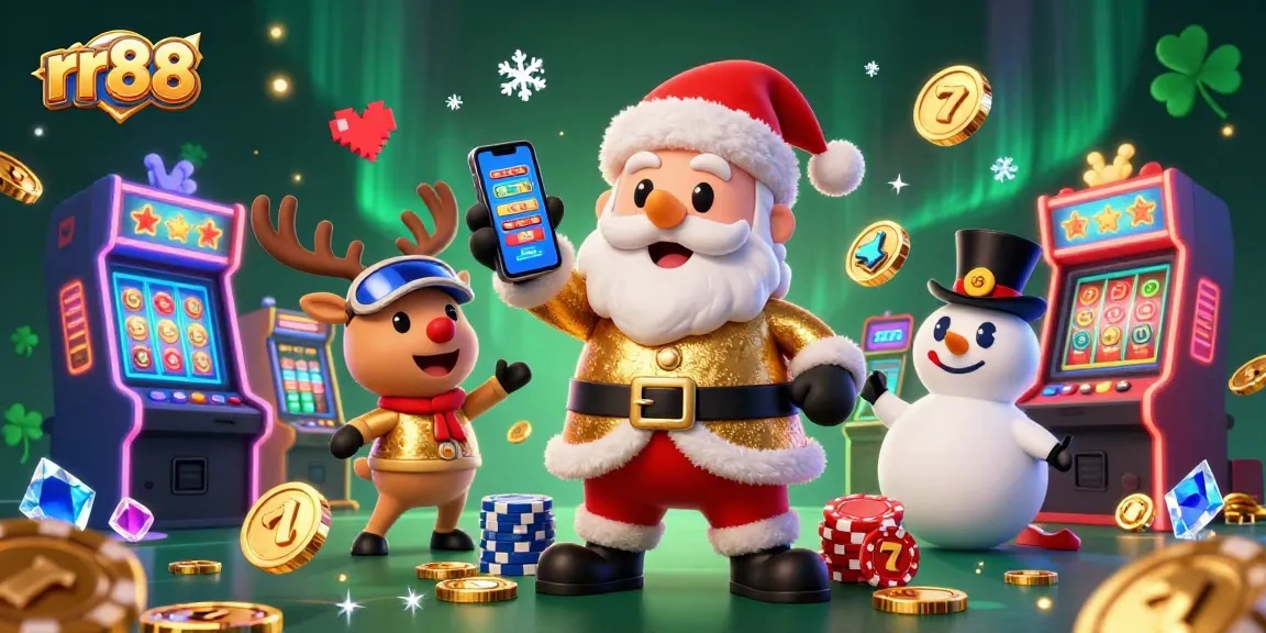 Experience the excitement of rr88 as Santa wins jackpot slots in a festive casino scene.