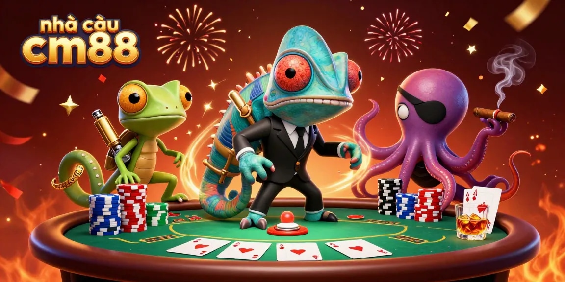 Interact with games at nhà cái cm88 featuring a colorful casino scene with vibrant characters and dynamic elements.
