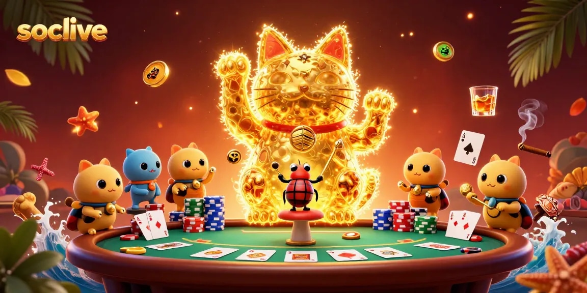Socolive showcases a vibrant 3D scene with a lucky cat and poker elements enhancing the gaming experience.
